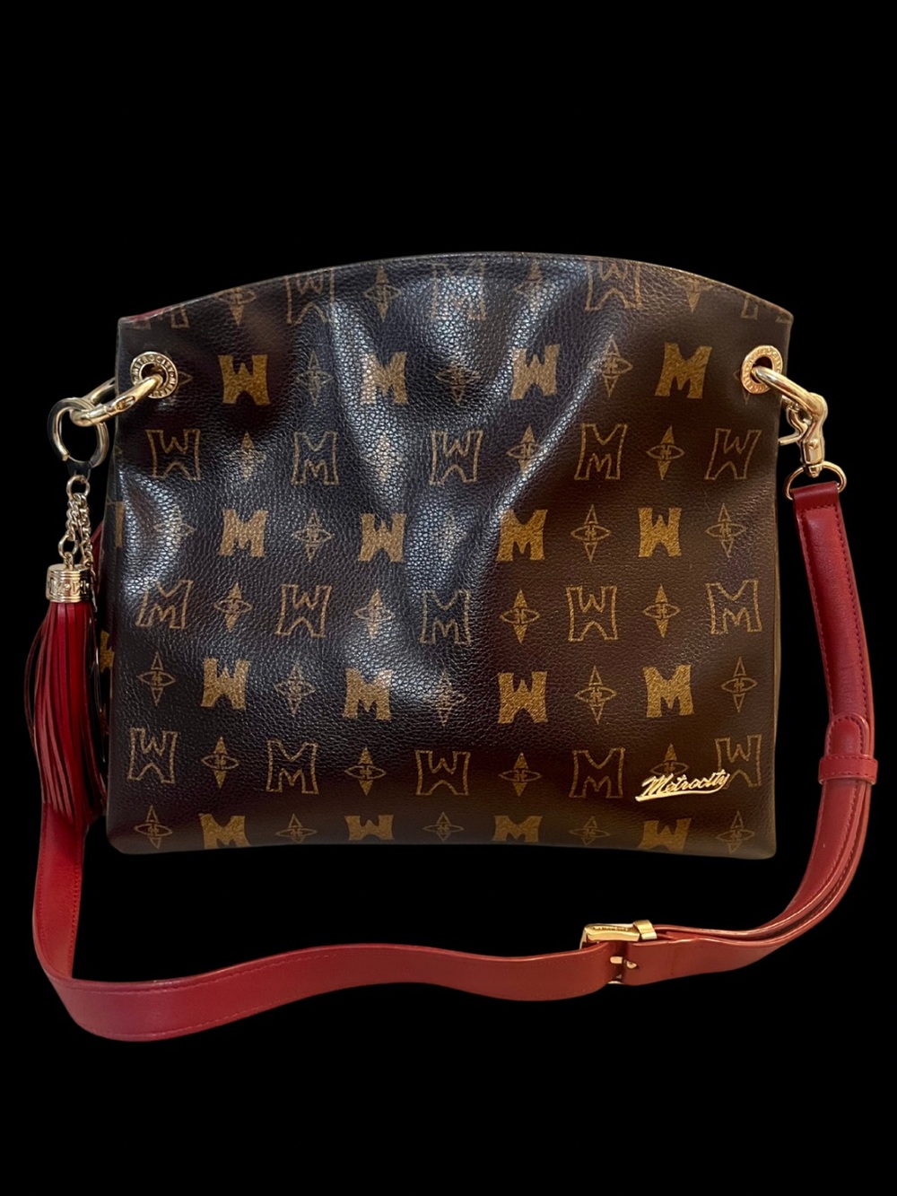 Metrocity Monogram Brown & Red Leather Convertible Crossbody Satchel